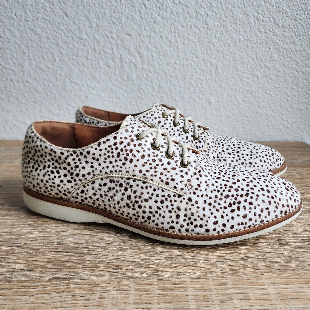 ROLLIE Lightweight Derby Lace Up Flat Oxfords in Snow Leopard Calf Hair 38